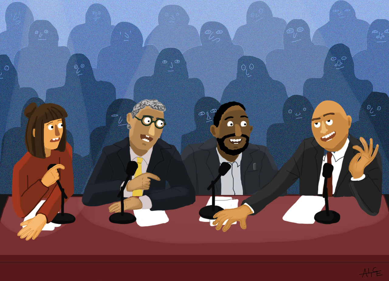 Illustration représentant un débat TV avec une femme et trois hommes