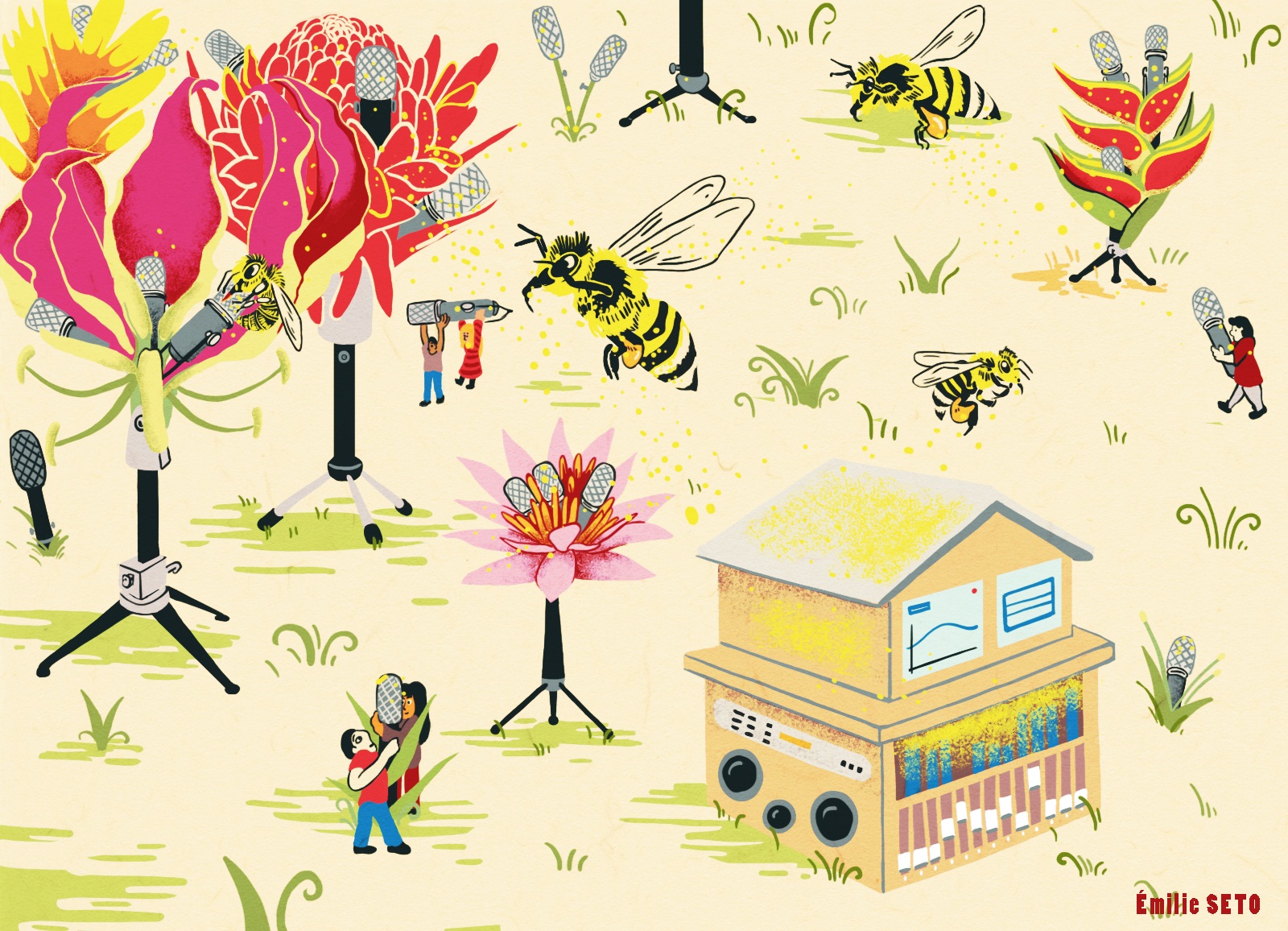 Illustration d'une ruche avec des ondes radio et un essaim d'abeilles butinant à des micros