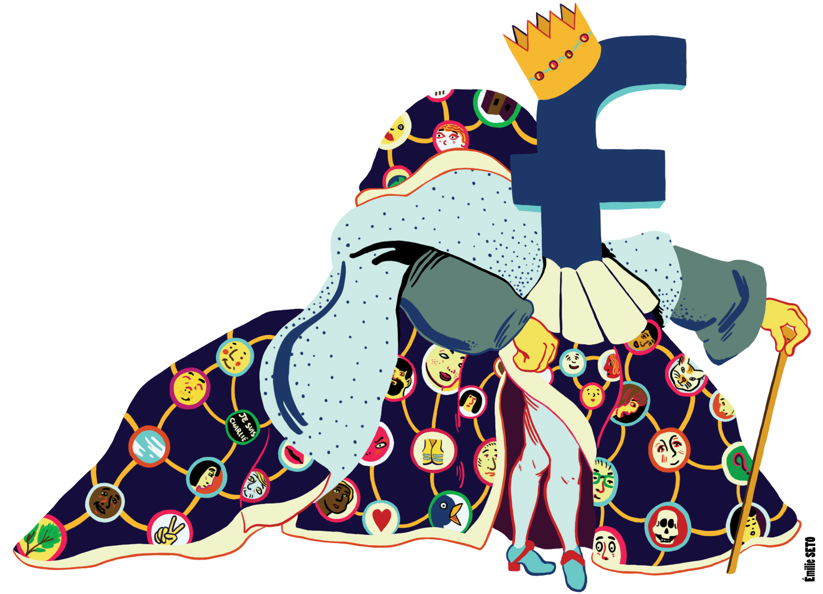 Illustration représentant le logo Facebook avec des vêtements de la royauté et une pose royale