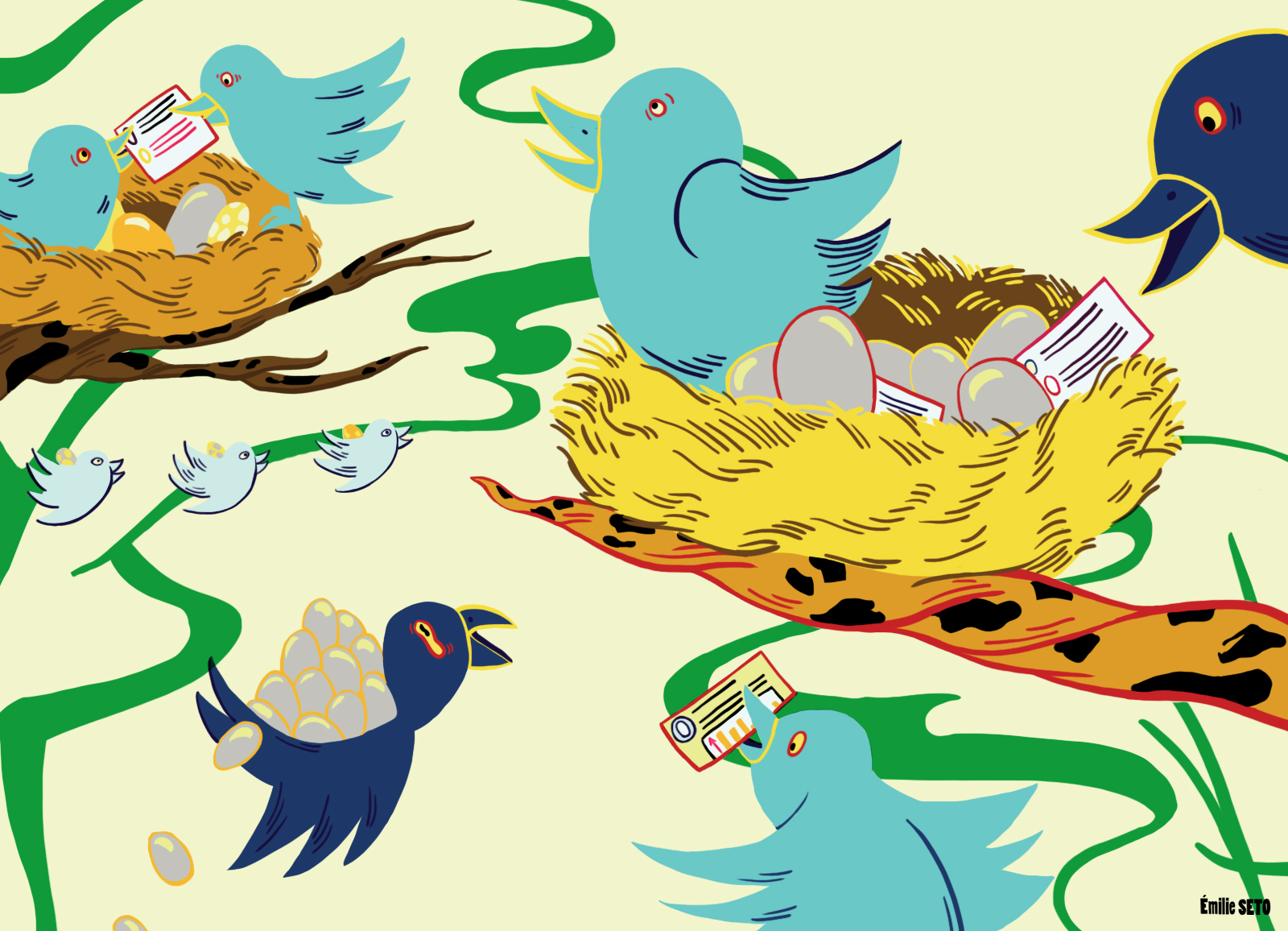 Illustration d'oiseaux Twitter déposant du courrier dans des niz