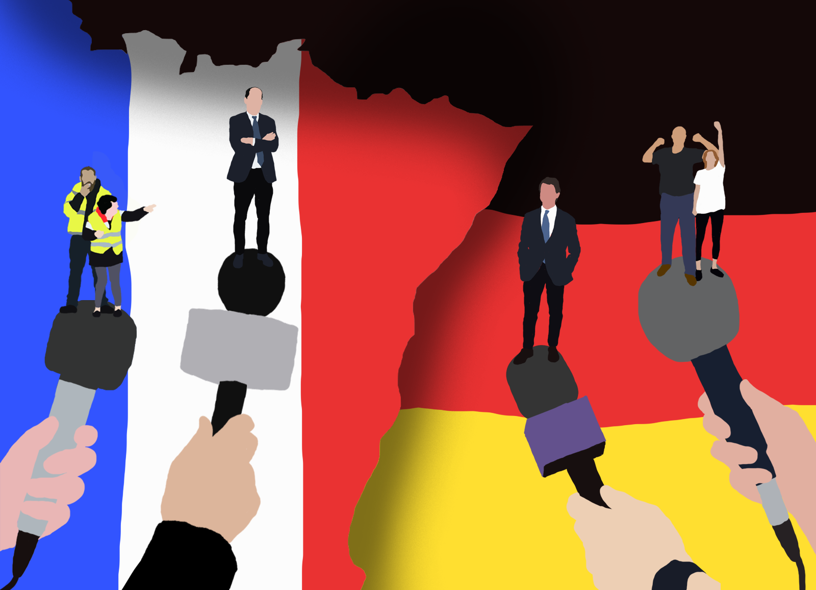 Illustration représentant la France et l'Allemagne avec des micros et des intervenants politiques