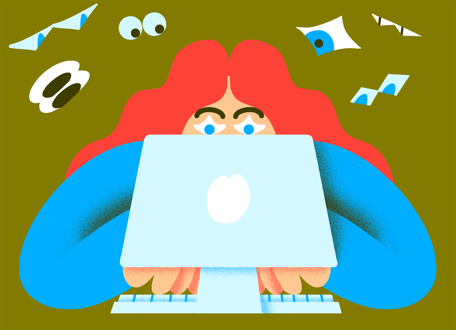 Illustration représentant une femme devant un ordinateur avec des yeux qui la surveillent