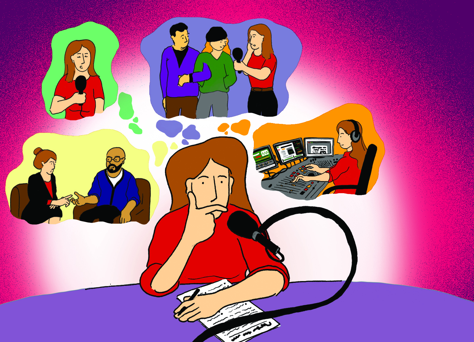 Illustration représentant une journaliste devant un micro réfléchissant à différentes formes de podcasts