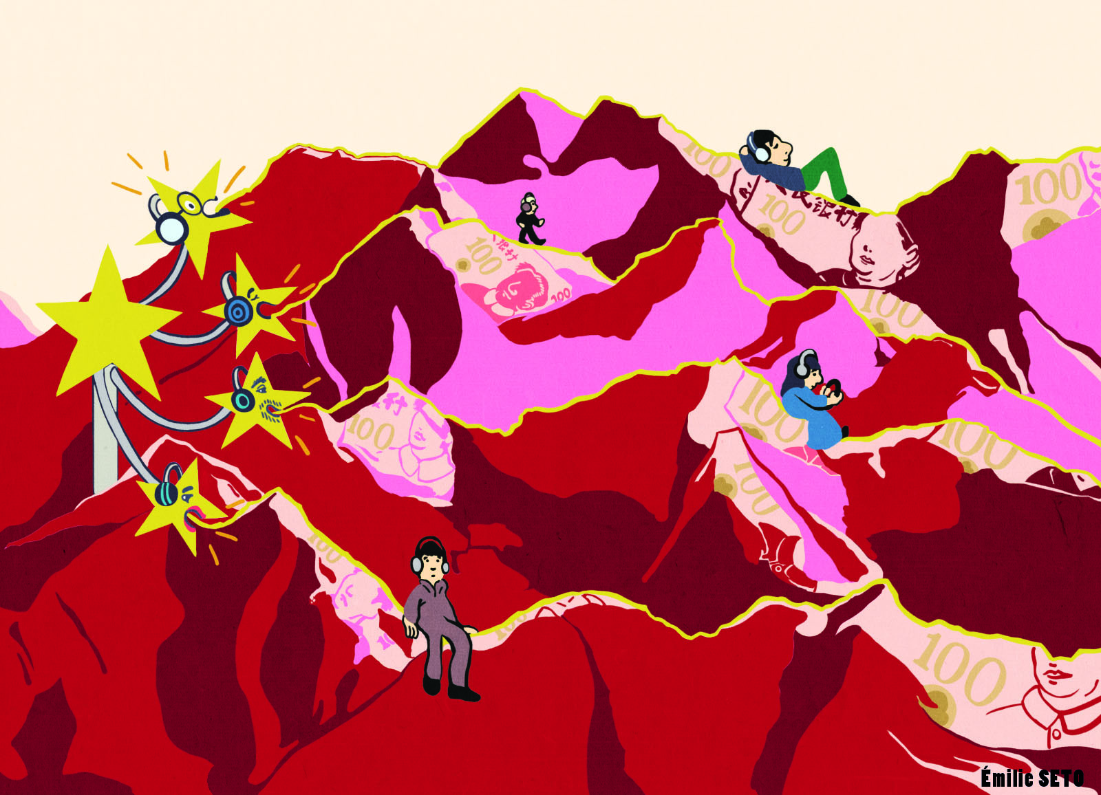 Illustration d'Émilie Seto montrant des montagnes rouges avec des étoiles jaunes et des auditeurs et auditrices de podcasts