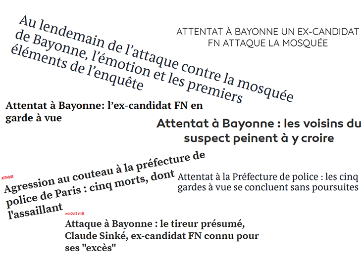Montage de captures d'écrans montrant les titres d'articles de différents journaux pour illustrer le traitement médiatique des faits commis à Bayonne et à la préfecture de police de Paris en octobre 2019