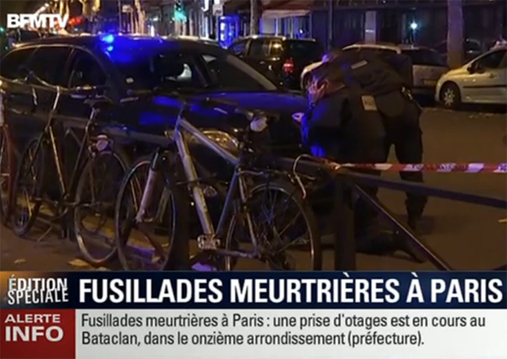 Capture d'écran de BFM TV lors des attentats du 13 novembre 2015 à Paris.