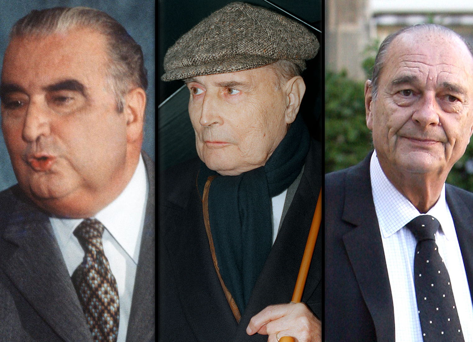 Montage photo de trois présidents de la République français décédés : Pompidou, Mitterrand et Chirac
