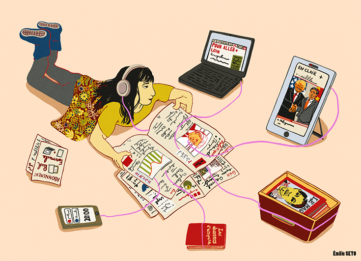 Illustration d'une jeune femme consultant un journal et ses différents supports et contenus (tablette, smartphone, graphiques, illustrations...).