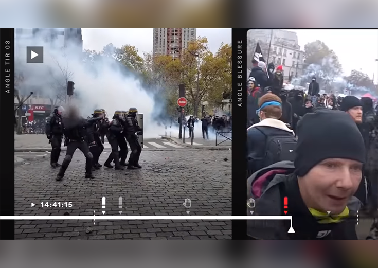 Capture d'écran d'une vidéo enquête de Le Monde retraçant l'origine du tir qui a éborgné Manuel Coisne le 16 novembre à Paris sur la place d'Italie
