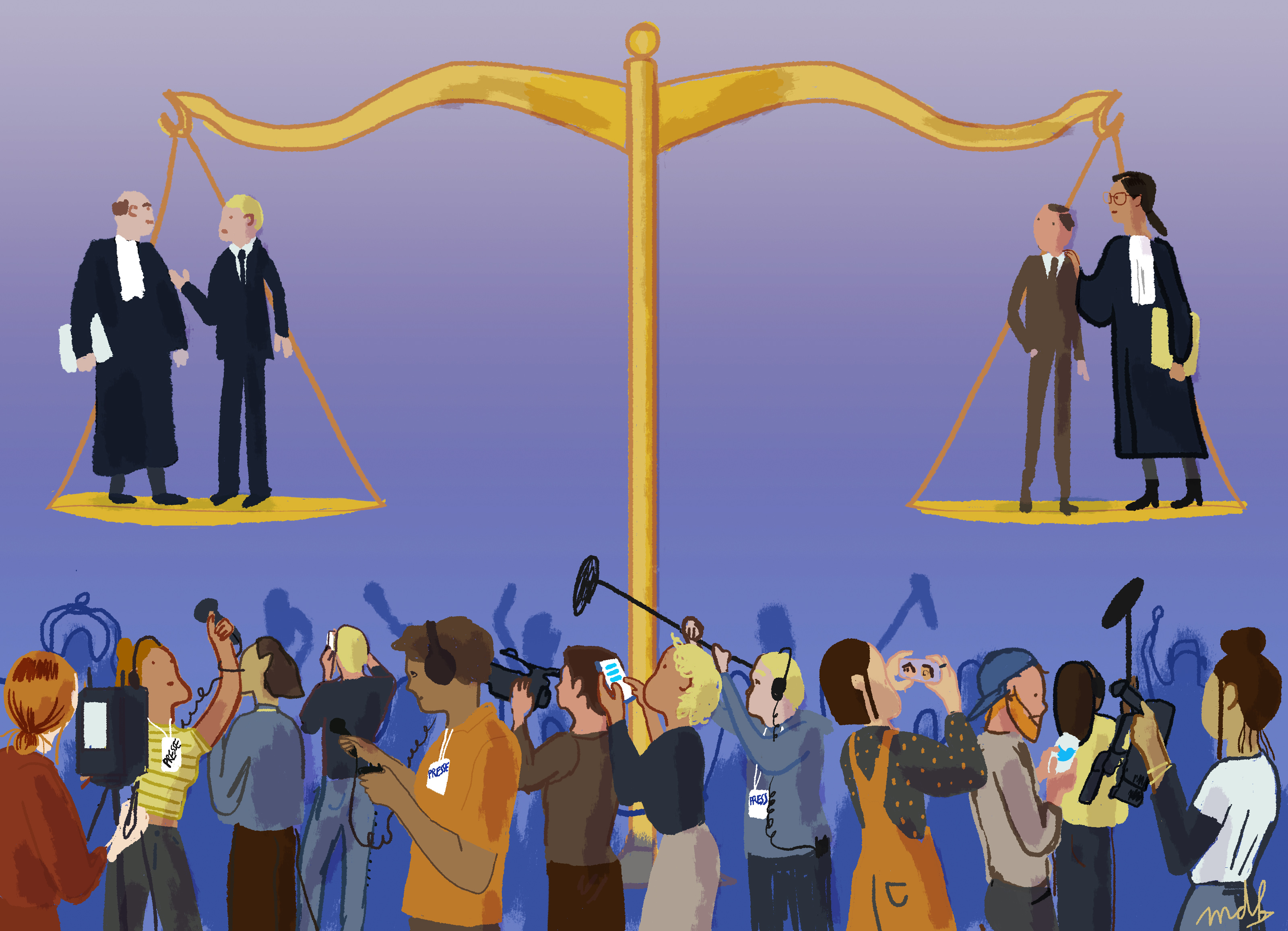 Dessin représentant la balance de la justice avec sur chaque plateau un ou une avocate et son client et en bas une foule de journalistes.