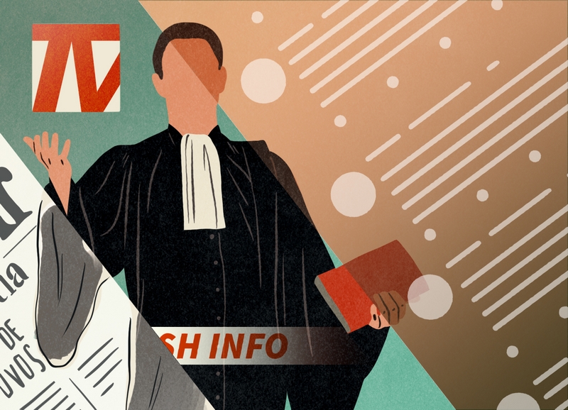Illustration représentant un avocat en robe dans plusieurs médias