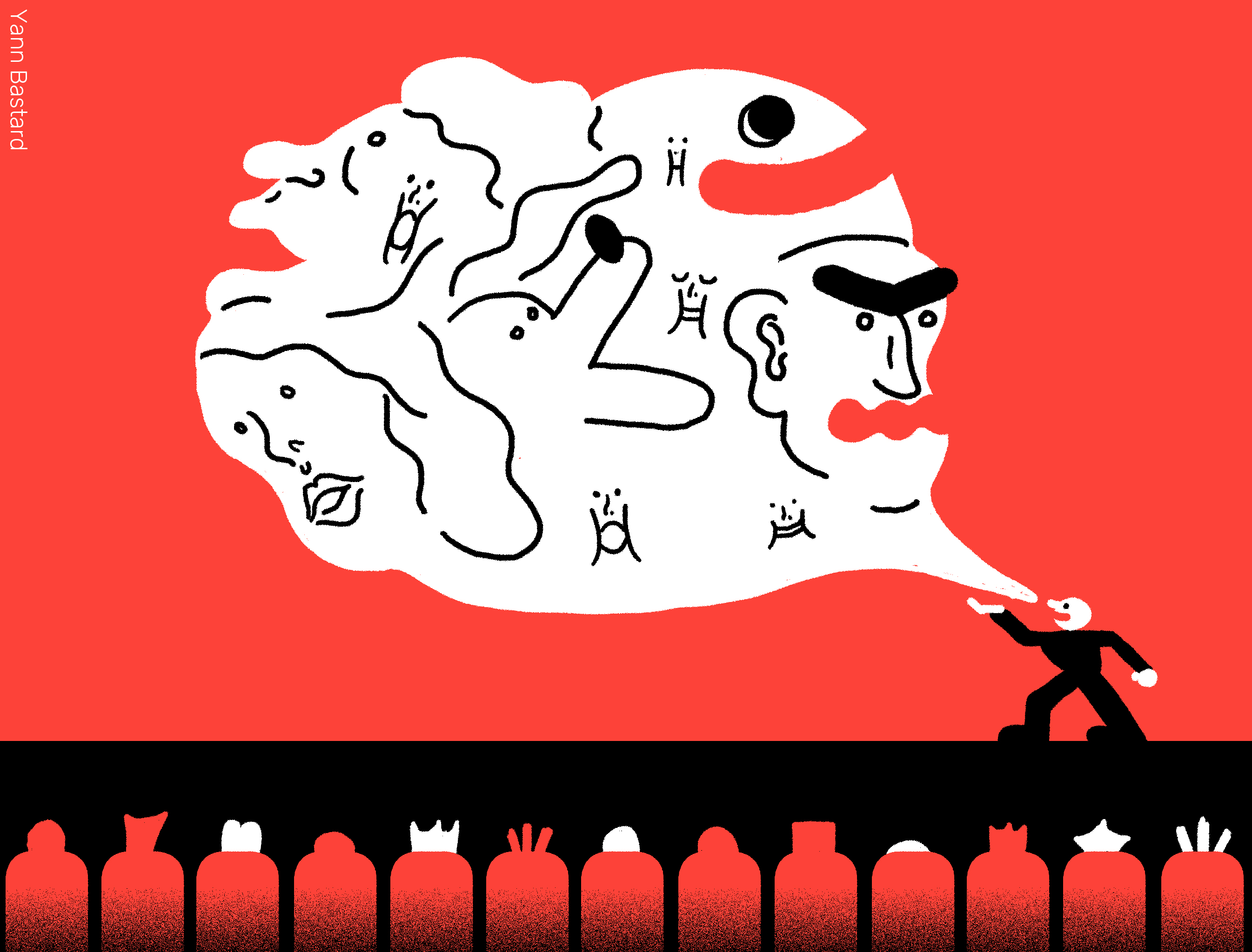 Illustration représentant une personne qui parle devant d'autres. De sa bouche sort une bulle contenant des monstres de fictions, représentant les voix possibles du comédien.