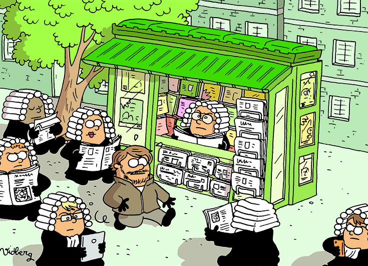 Dessin représentant un homme dans la rue devant un kiosque de presse avec autour des lui des personnes portant une perruque de juge ainsi qu'une robe. 