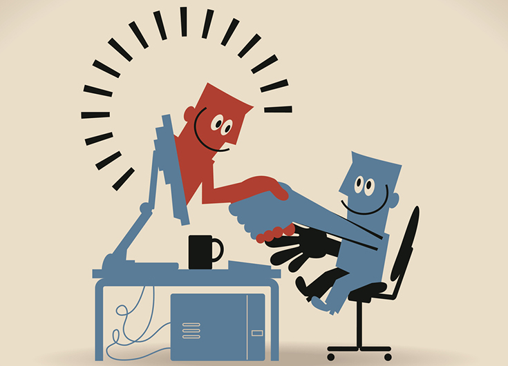 Illustration représentant un homme (en rouge) dont le torse sort d'un écran d'ordinateur. Il serre la main à un autre homme (en bleu) assis derrière son bureau.