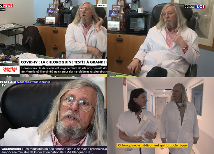 Montage de différentes captures d'écran du professeur Didier Raoult sur les quatre chaînes françaises d'information en continu