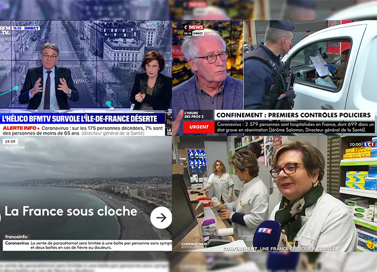 Montage de captures d'écran des chaînes d'information en continu françaises le 17 mars 2020.