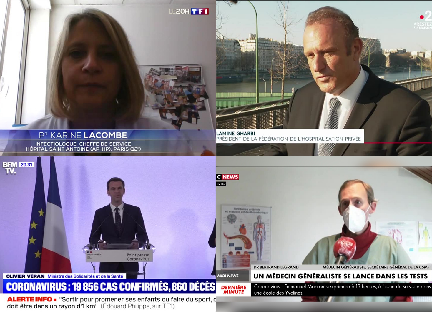 Montage de capture d'écran des JT de 20 h de TF1 et France 2, ainsi que de BFM TV et CNews. 
