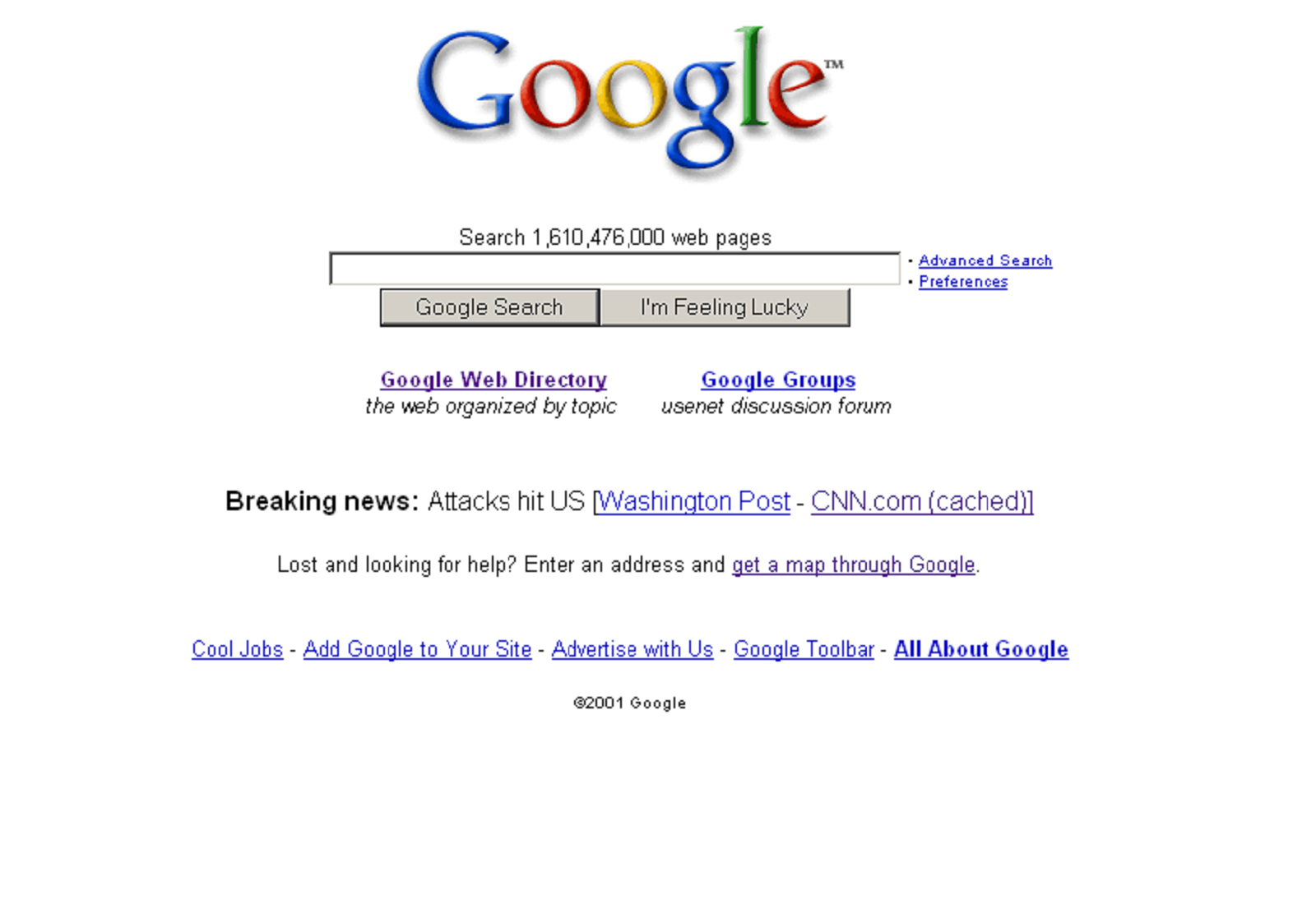 la page d'accueil de Google le 11 septembre 2001