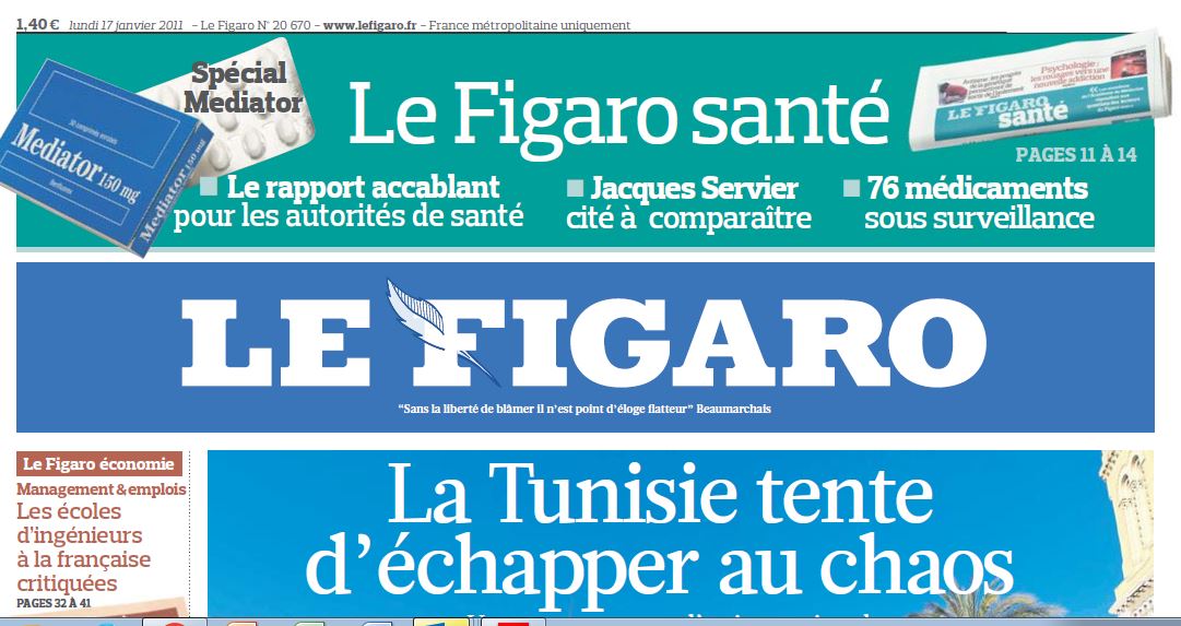 Le 17 janvier 2011, Le Figaro annonce en « grenier » de Une, la comparution de Jacques Servier.