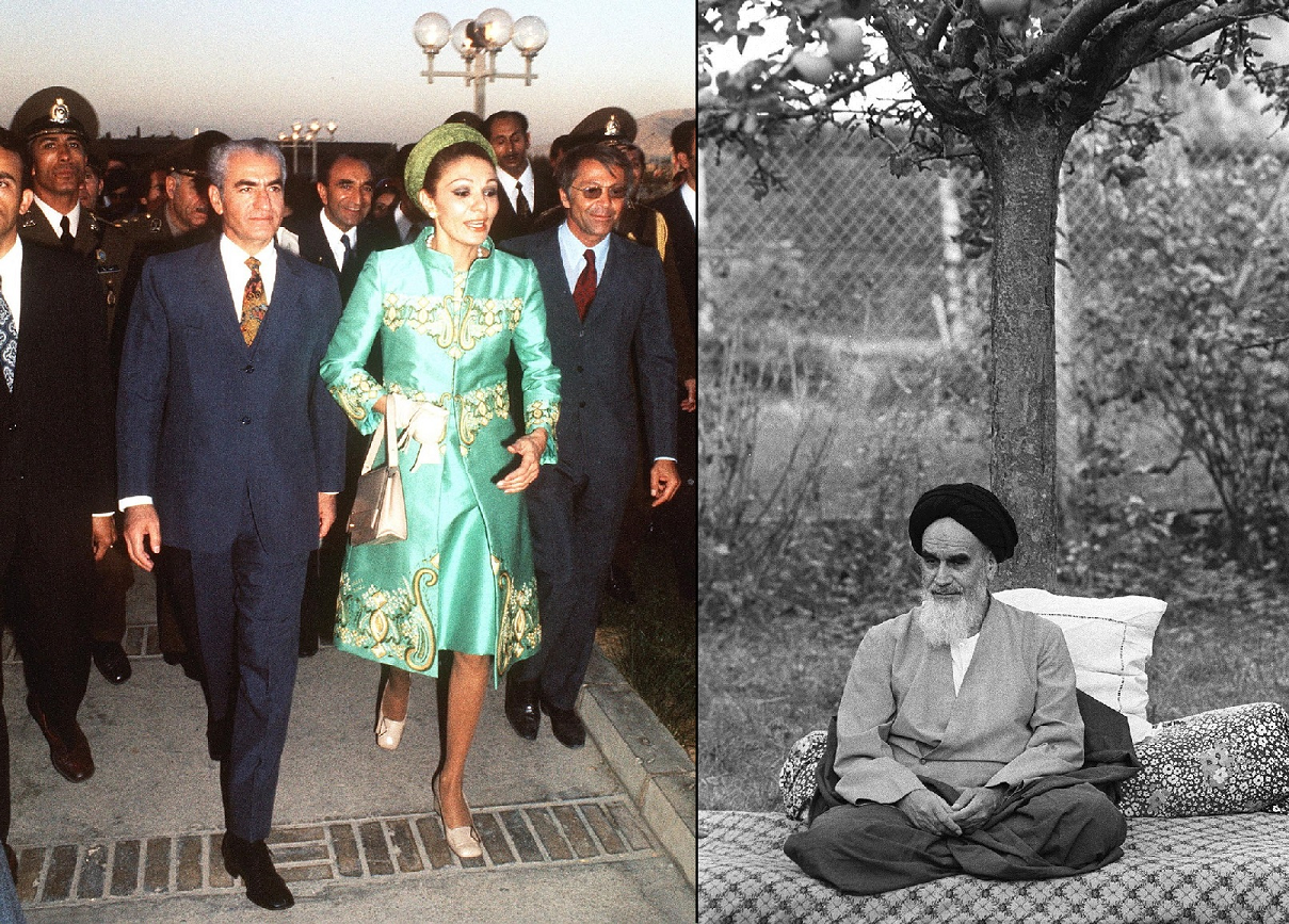 Le Shah d'Iran et sa femme lors de la cérémonie du 2500e anniversaire de l'Empire à Persépolis, le 1er octobre 1971. Et l'ayatollah Khomeini sous un pommier à Neauphle-le-Château (Yvelines), le 10 octobre 1978.