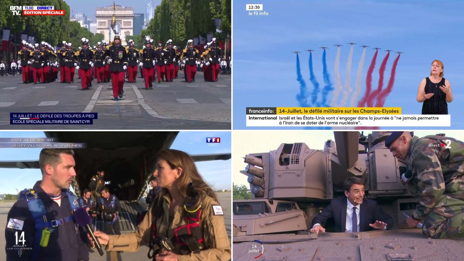 Le défilé militaire du 14 juillet est couvert dès ses préparatifs par les chaînes télévisées, et retransmis en direct.