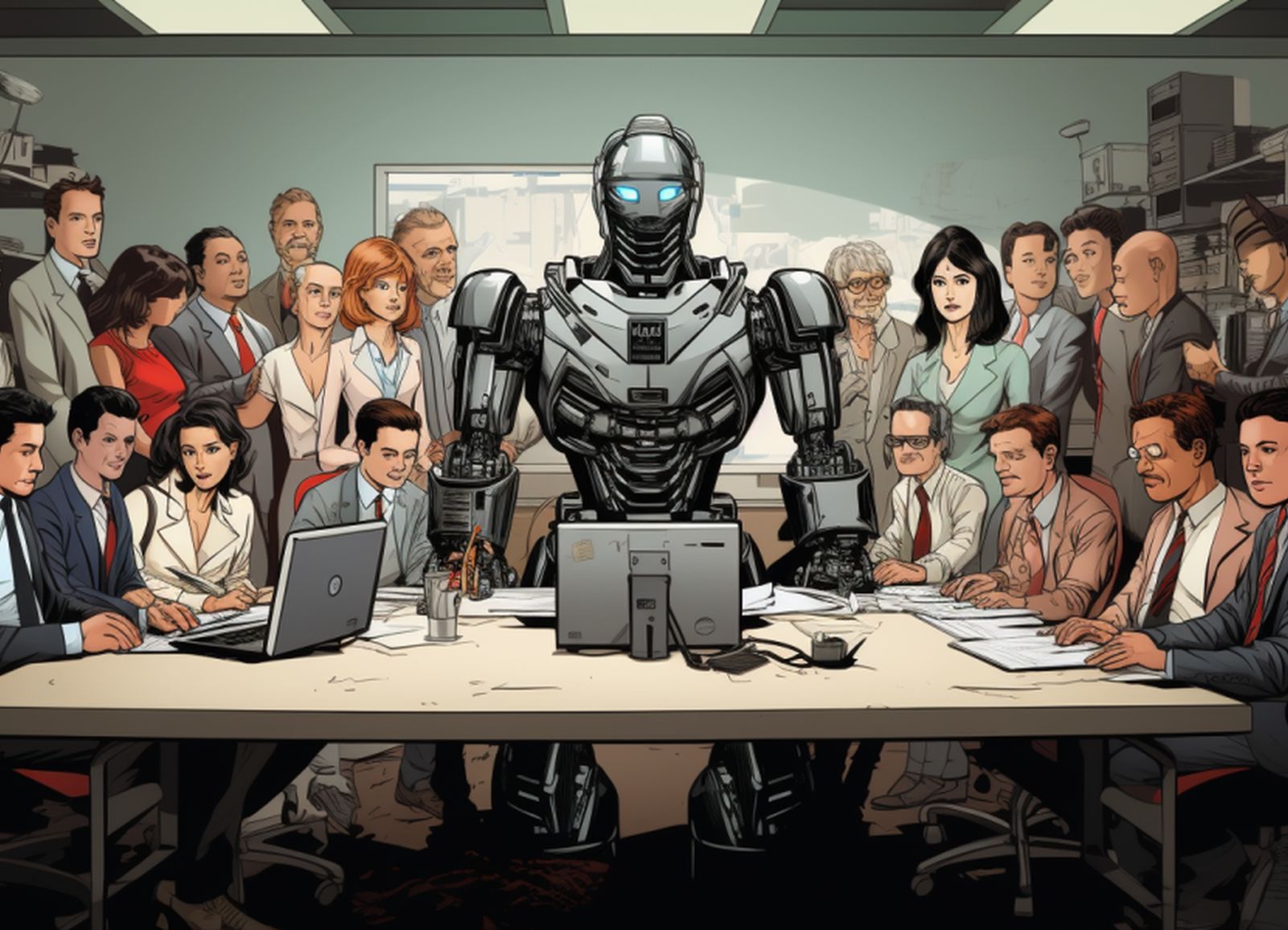 image générée par une intelligence artificielle montrant des journalistes entourant un robot