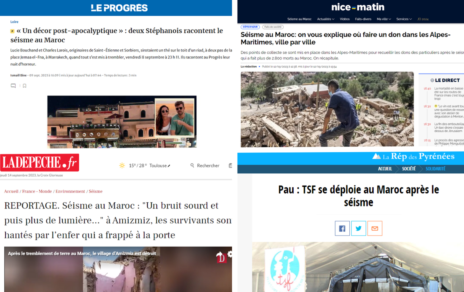 sites du Progès, de La Dépêche du Midi, de La République des Pyrénées et de Nice Matin sur le séisme au Maroc dans la nuit du 8 au 9 septembre 2023