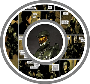 Capture d'écran d'un comics Halo. On voit le personnage principal au centre en armure avec une visière jaune, autour des cases avec des personnages qui interagissent entre eux.