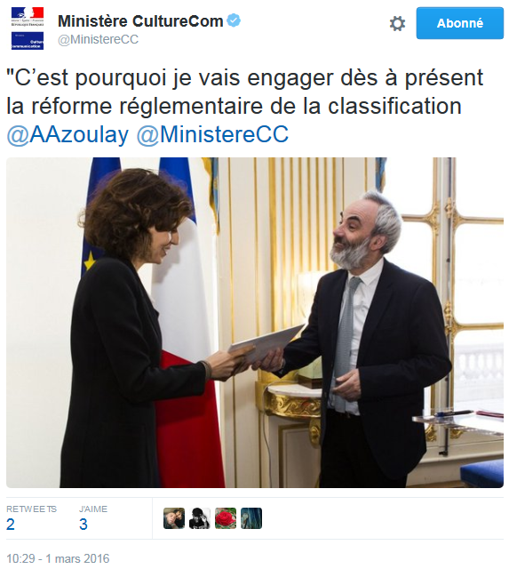 Photo remise du rapport de Jean-François Mary à Audrey Azoulay