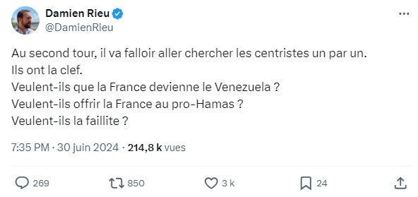 Damien Rieu appelle à convaincre les centristes de voter pour le RN.