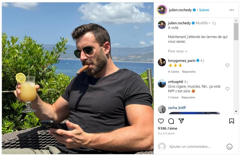 Julien Rochedy pose sur Instagram, quelques heures avant les premières estimations du 1er tour.