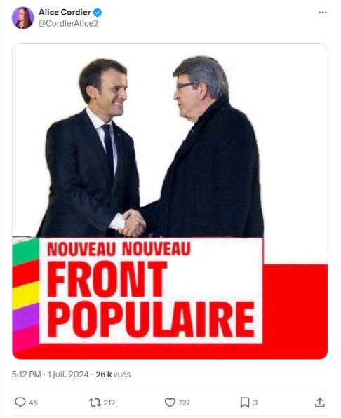 Une affiche du Nouveau Front Populaire détournée et postée par Alice Cordier.