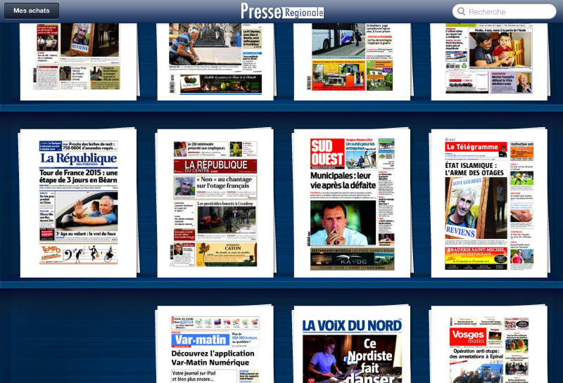 Capture d'écran d'un kiosque numérique de presse régionale. On voit les Unes de différents titres de presse régionale.